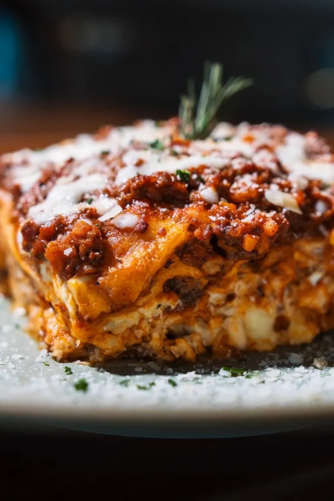 Close-up of baked lasagna with slow-cooked beef ragu and melted cheese served at KAIO Beach Front.